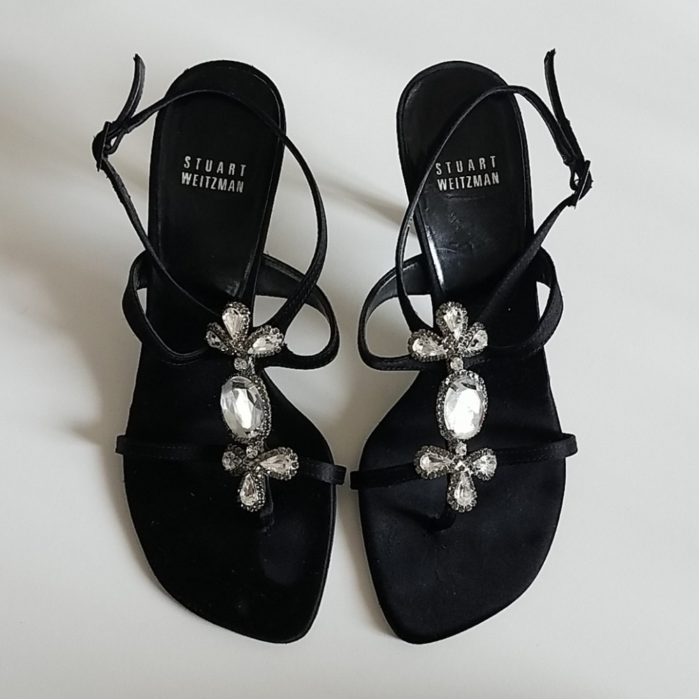 Stuart Weitzman Black Satin T-strap w/ clear gems